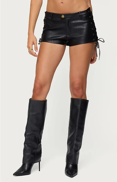 Edikted Kariss Lace Up Faux Leather Micro Shorts