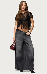 Edikted Kira Sheer Lace Fringe Top