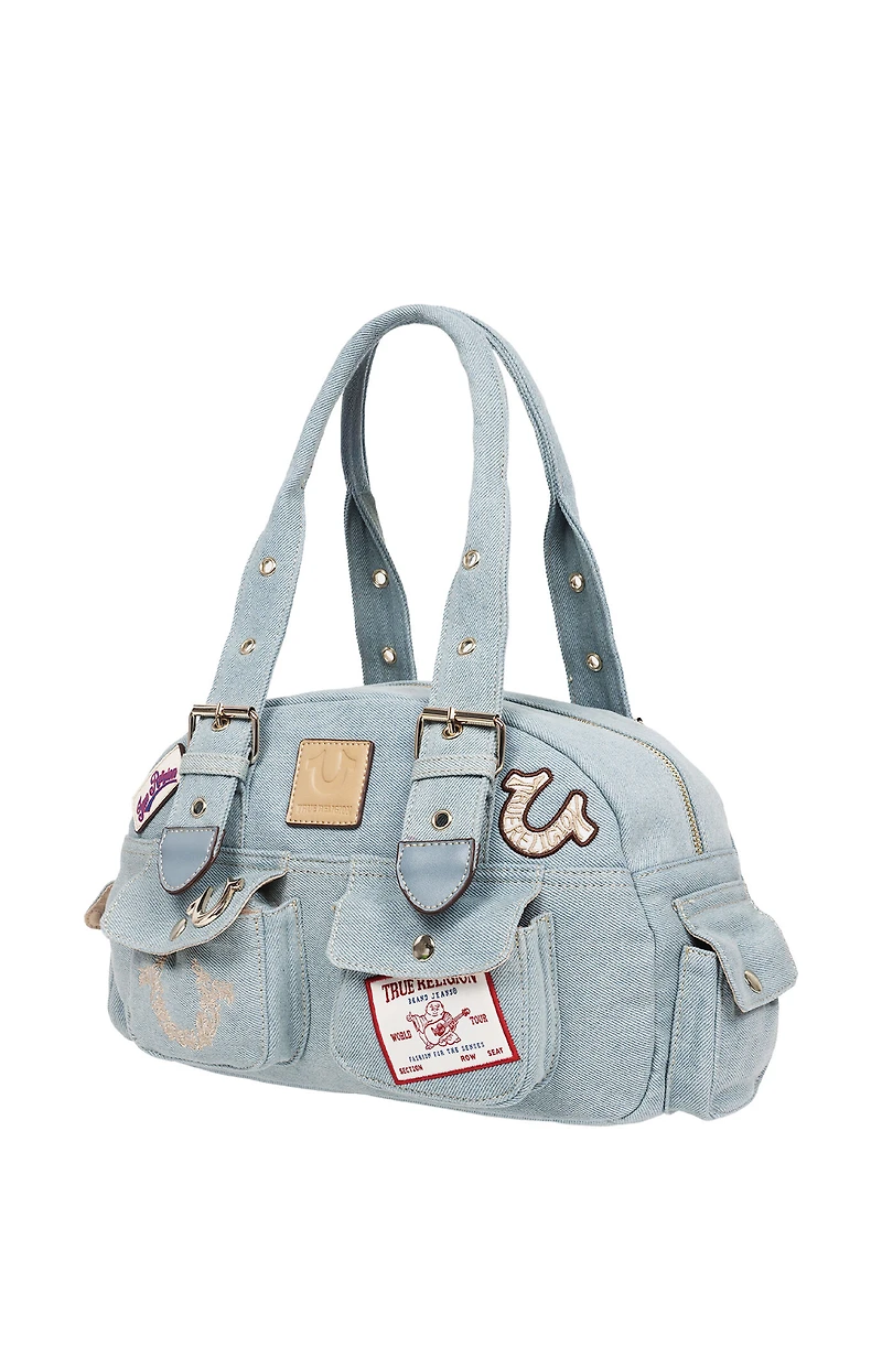 True Religion Blue Denim Multi Patch Satchel Bag