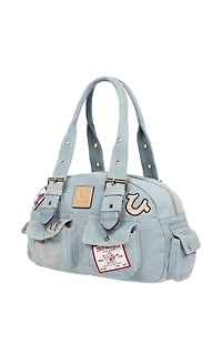 True Religion Blue Denim Multi Patch Satchel Bag