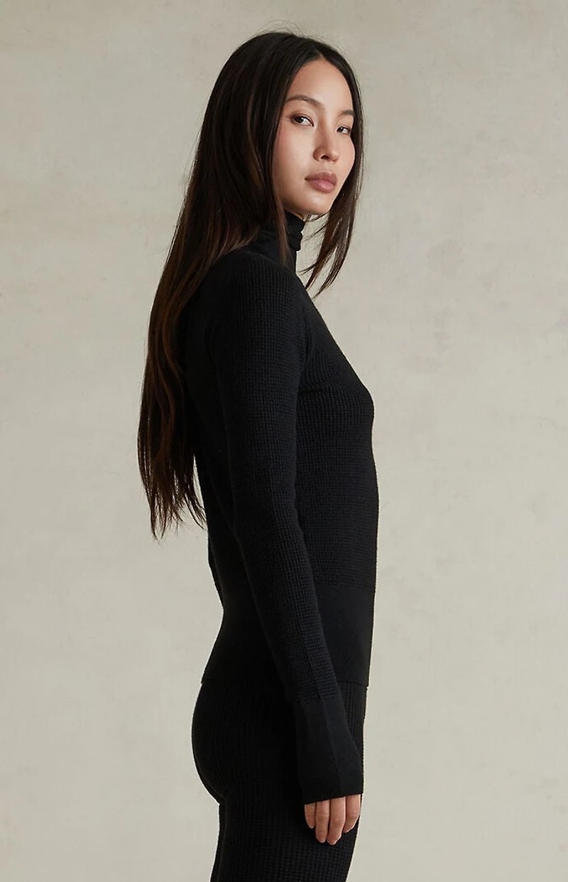 Fear of God ESSENTIALS Women's Jet Black Waffle Knit Tight Hooded Sweater