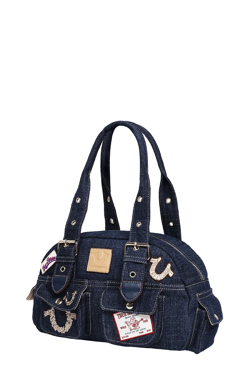 True Religion Dark Denim Multi Patch Satchel Bag