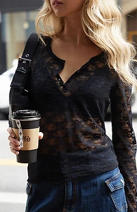 John Galt Black Mesh Long Sleeve Henley Top