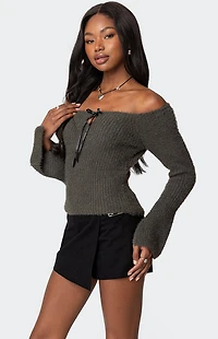 Edikted Keyhole Off Shoulder Ribbed Knit Top