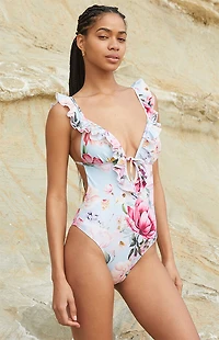 Cupshe Vintage Rose Ruffled Bow Cheeky One Piece Swimsuit