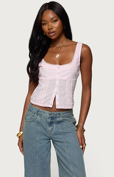 Edikted Embroidered Cotton Button Up Top