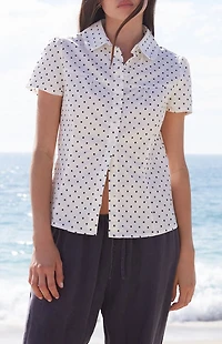 John Galt White Teagan Polka Dot Collared Short Sleeve Top