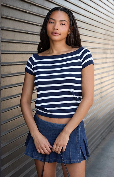 John Galt White & Blue Striped Off-The-Shoulder Knit Top