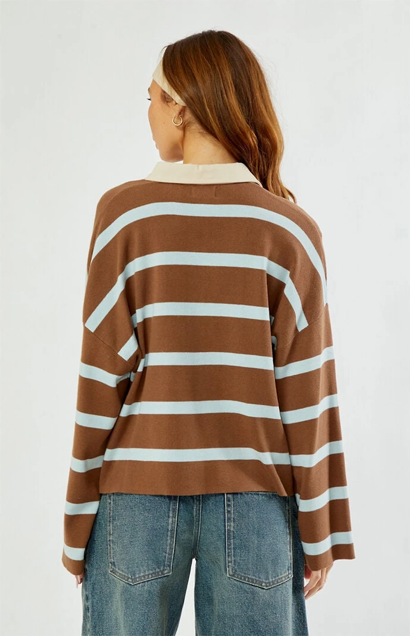 Rhythm Brown Striped Rugby Polo Knit Sweater