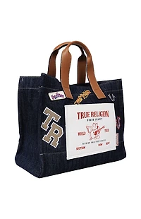 True Religion Andy Dark Denim Multi Patch Medium Tote Bag