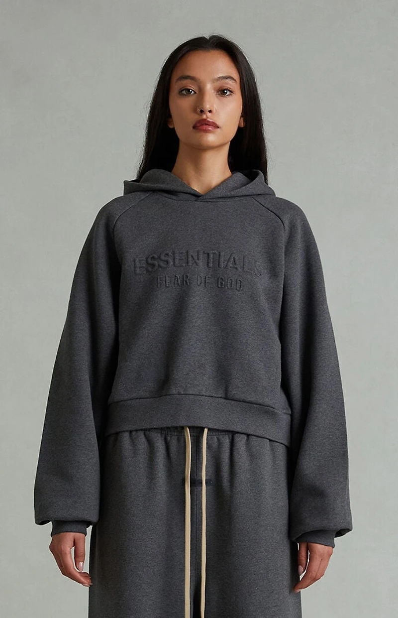 Fear of God ESSENTIALS Women's Charcoal Heather '90s Embossed Raglan Cropped Hoodie