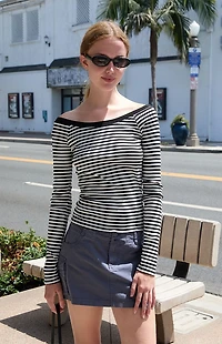 John Galt Black & White Striped Long Sleeve Off-The-Shoulder Top