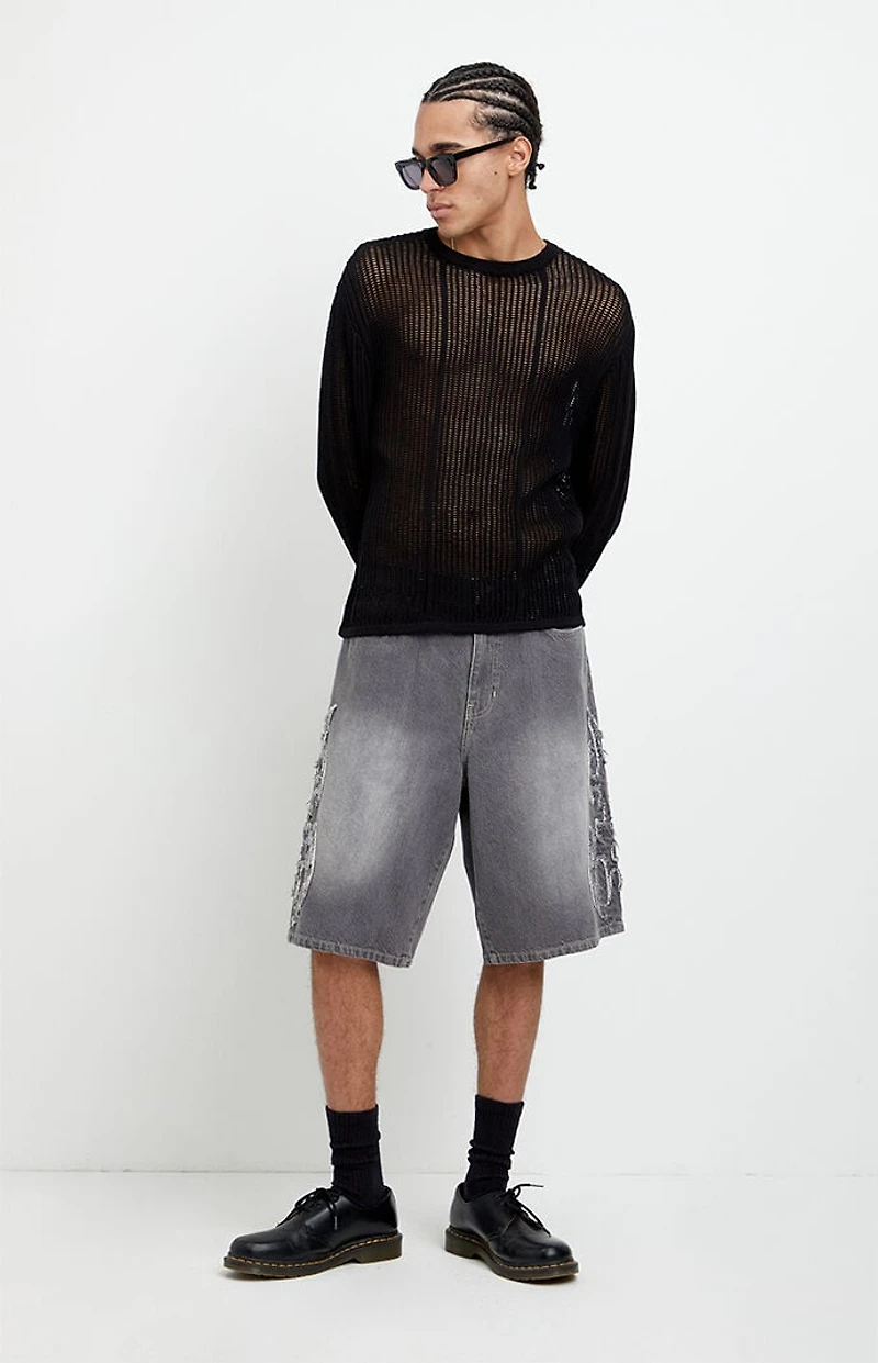 Pacsun Austin Extreme Baggy Jean Shorts Cyber Applique Faded Gray