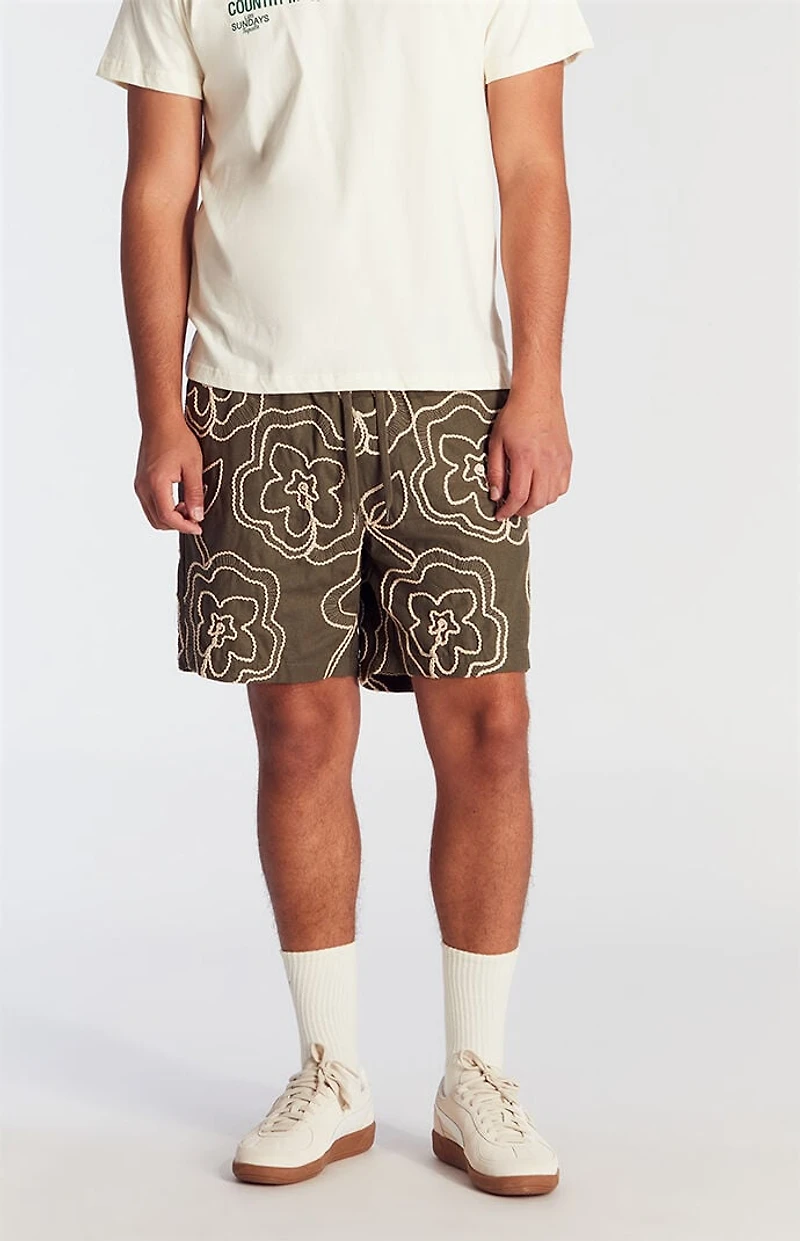 Pacsun Olive Floral Embroidered Volley Shorts