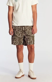 Pacsun Olive Floral Embroidered Volley Shorts