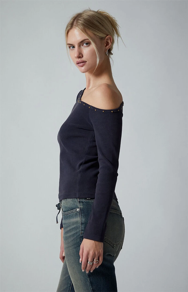 Third Charm Violet Studded Neck Long Sleeve Top