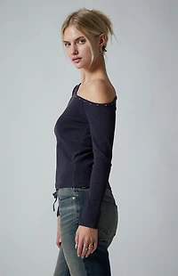 Third Charm Violet Studded Neck Long Sleeve Top