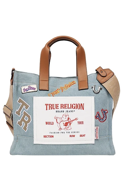 True Religion Andy Denim Multi Patch Medium Tote Bag