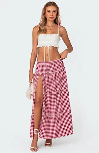 Edikted Gingham Side Slit Tiered Maxi Skirt