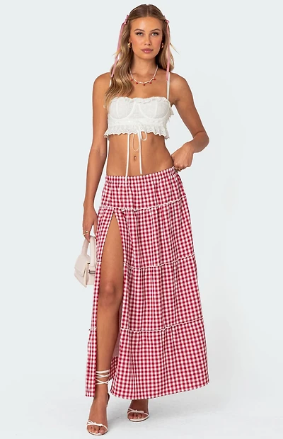 Edikted Gingham Side Slit Tiered Maxi Skirt