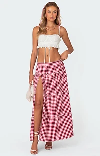 Edikted Gingham Side Slit Tiered Maxi Skirt