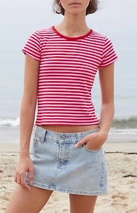 John Galt Red Hailie Striped Short Sleeve Crop Top