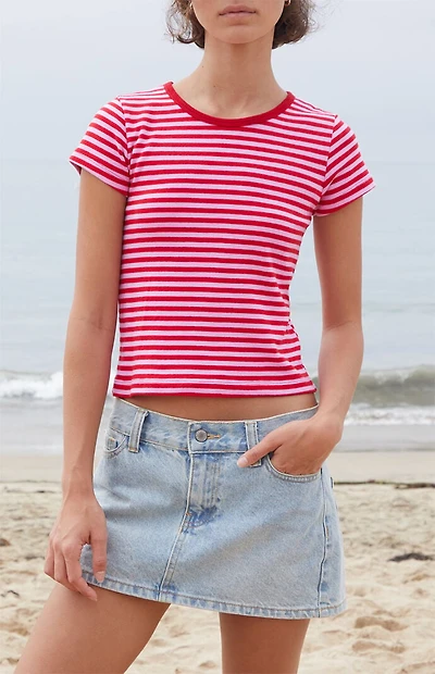 John Galt Red Hailie Striped Short Sleeve Crop Top