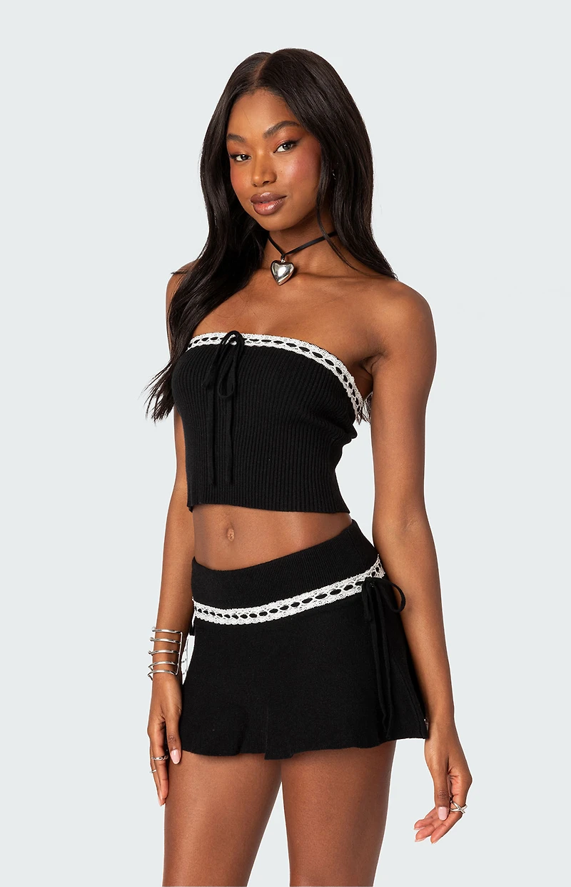 Edikted Khloe Lacey Bow Ribbon Knit Tube Top