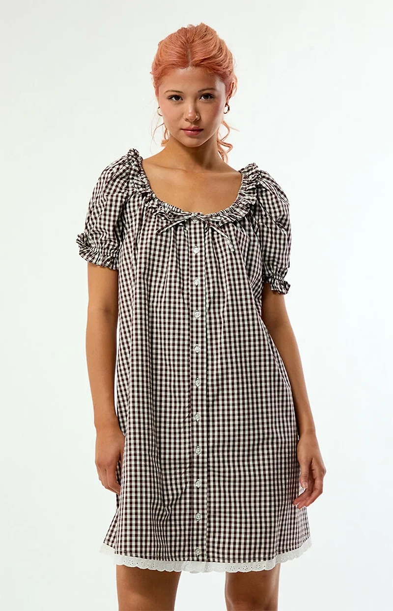 WEWOREWHAT Gingham Puff Sleeve Button Up Mini Dress