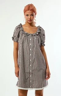 WEWOREWHAT Gingham Puff Sleeve Button Up Mini Dress