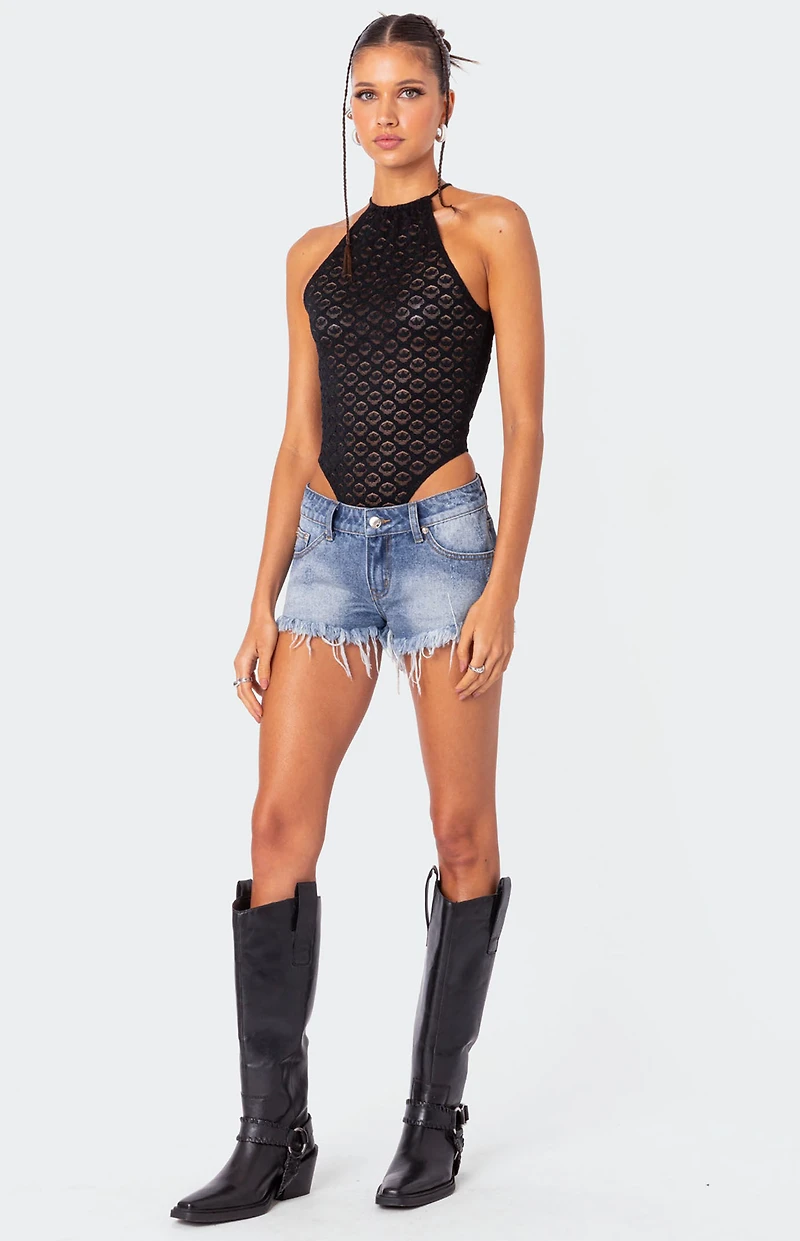 Edikted Erika Low Rise Frayed Denim Shorts