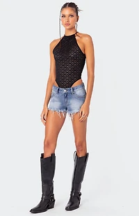 Edikted Erika Low Rise Frayed Denim Shorts