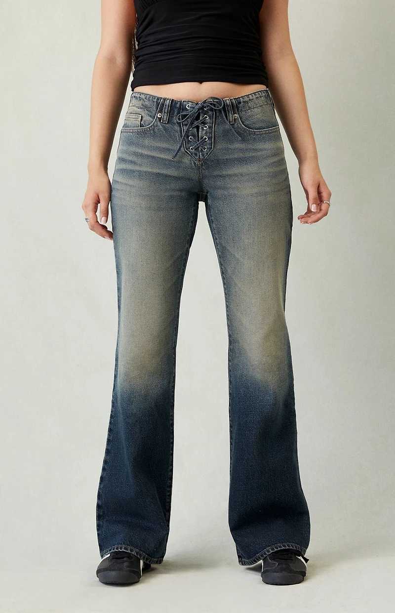 Pacsun Jade Low Rise Bootcut Jeans Lace-Up Dark Blue