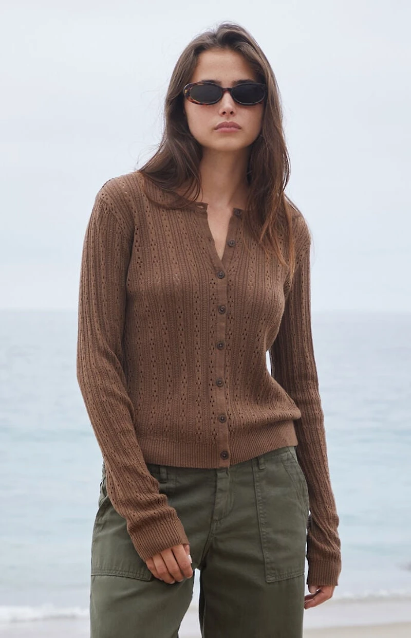 John Galt Brown Button Up Open Knit Cardigan