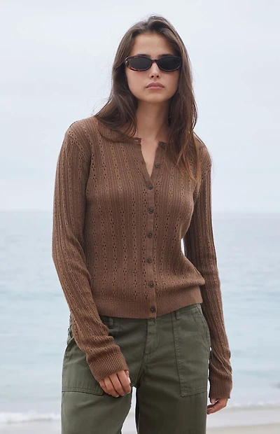 John Galt Brown Button Up Open Knit Cardigan