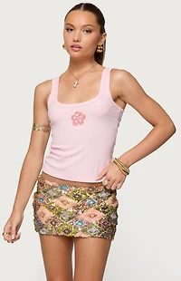 Edikted Steffy Beaded Flower Ribbed Top
