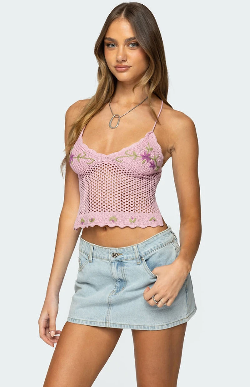 Edikted Quince Backless Embroidered Crochet Top