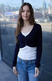 John Galt Blue Cable Knit Cropped Cardigan