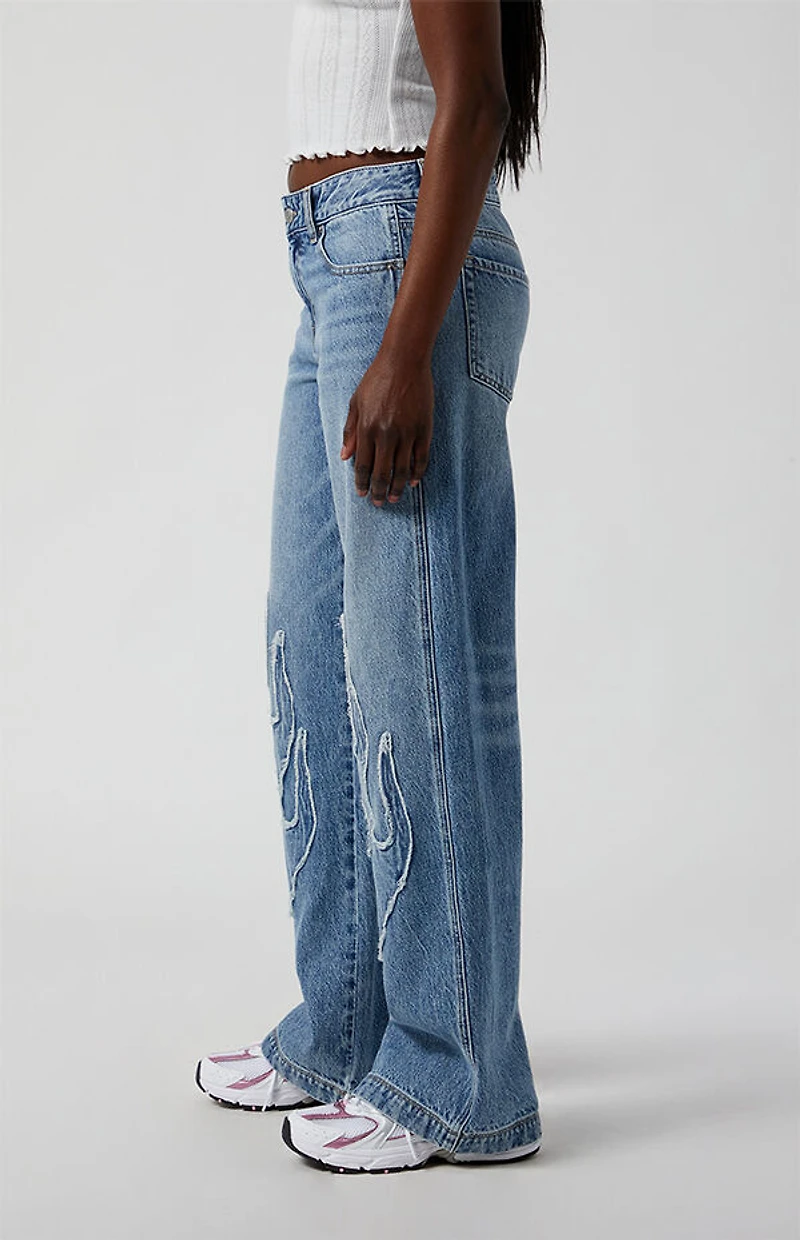 Pacsun Casey Low Rise Baggy Jeans Frayed Flame Patch Medium Indigo