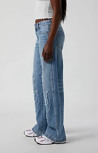 Pacsun Casey Low Rise Baggy Jeans Frayed Flame Patch Medium Indigo