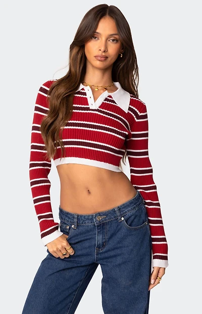 Edikted Collared Stripey Ribbed Crop Top