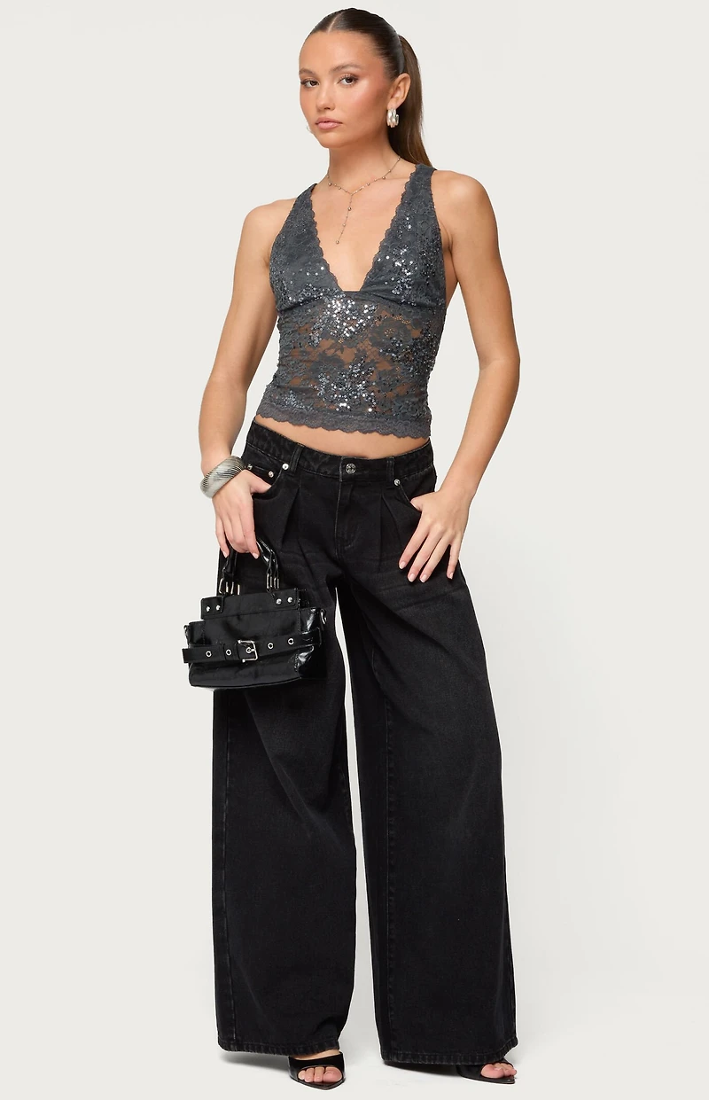Edikted Isabela Sequin Sheer Lace Tank Top