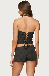 Edikted Taia Distressed Faux Leather Corset