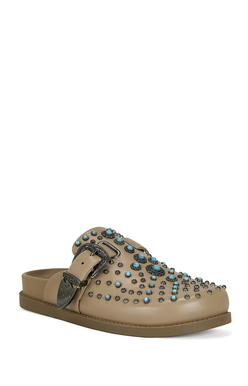 AZALEA WANG Women's Tan Flair Faux Leather Turquoise Mules