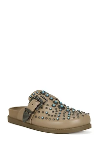 AZALEA WANG Women's Tan Flair Faux Leather Turquoise Mules