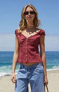 John Galt Burgundy Plaid Elena Top