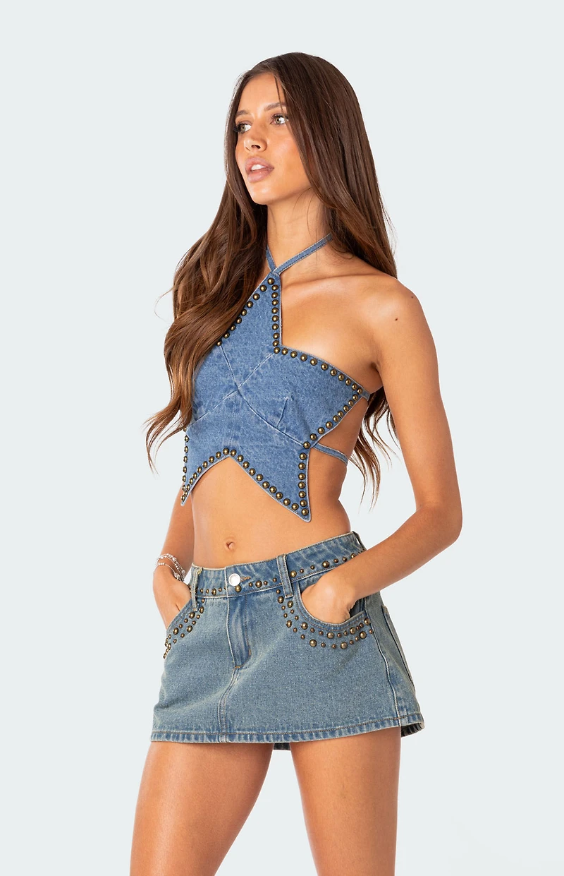Edikted Starlet Studded Denim Crop Top