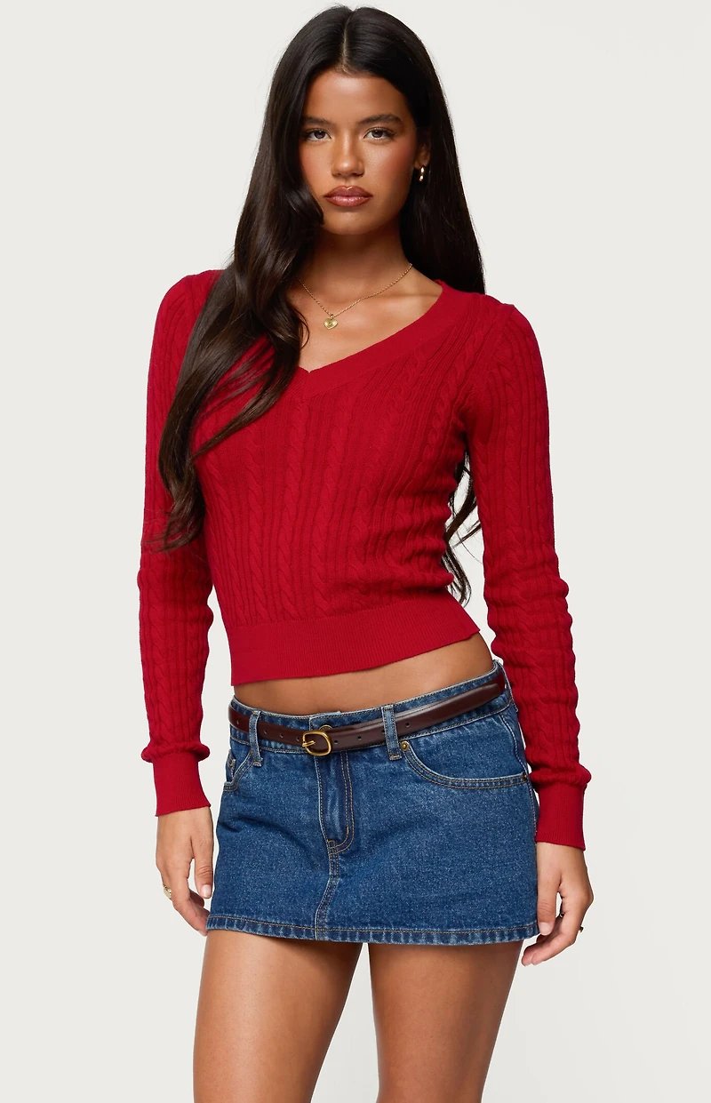 Edikted Ashlee V Neck Cable Knit Top