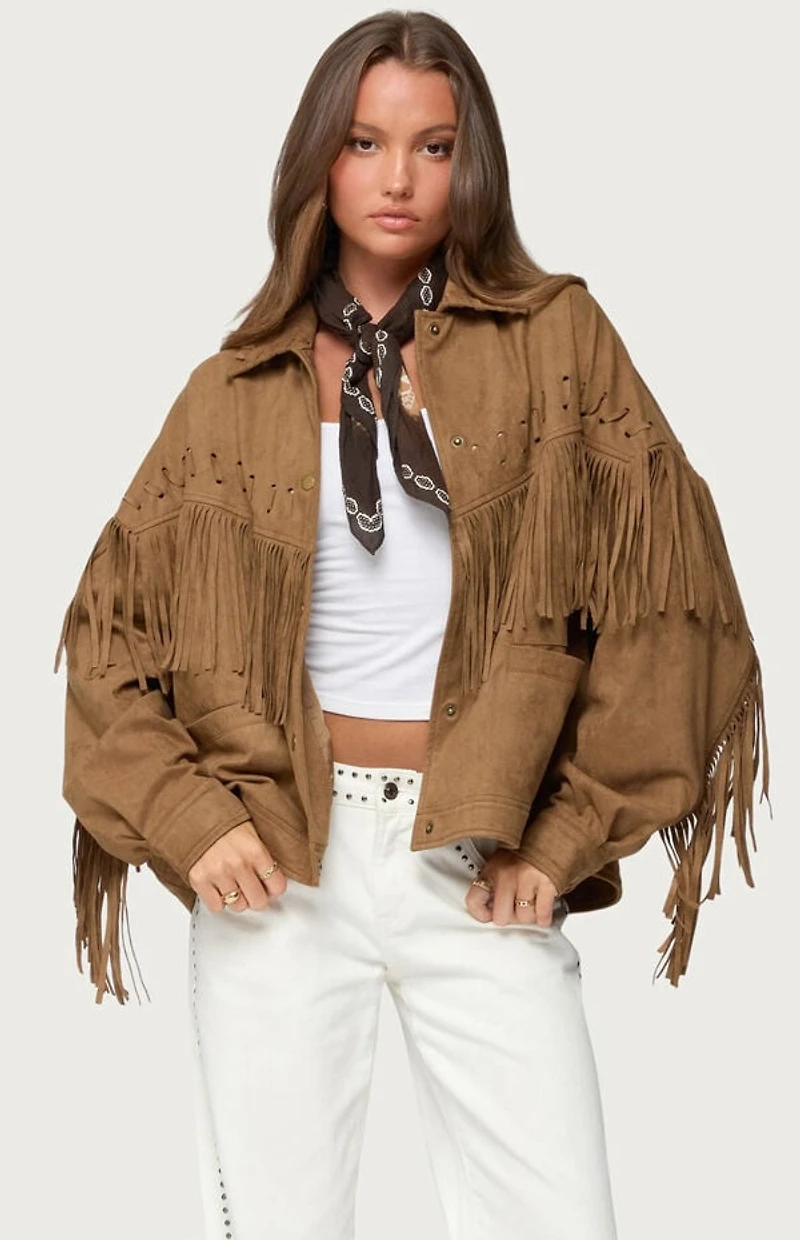 Edikted Evonka Fringe Faux Suede Jacket