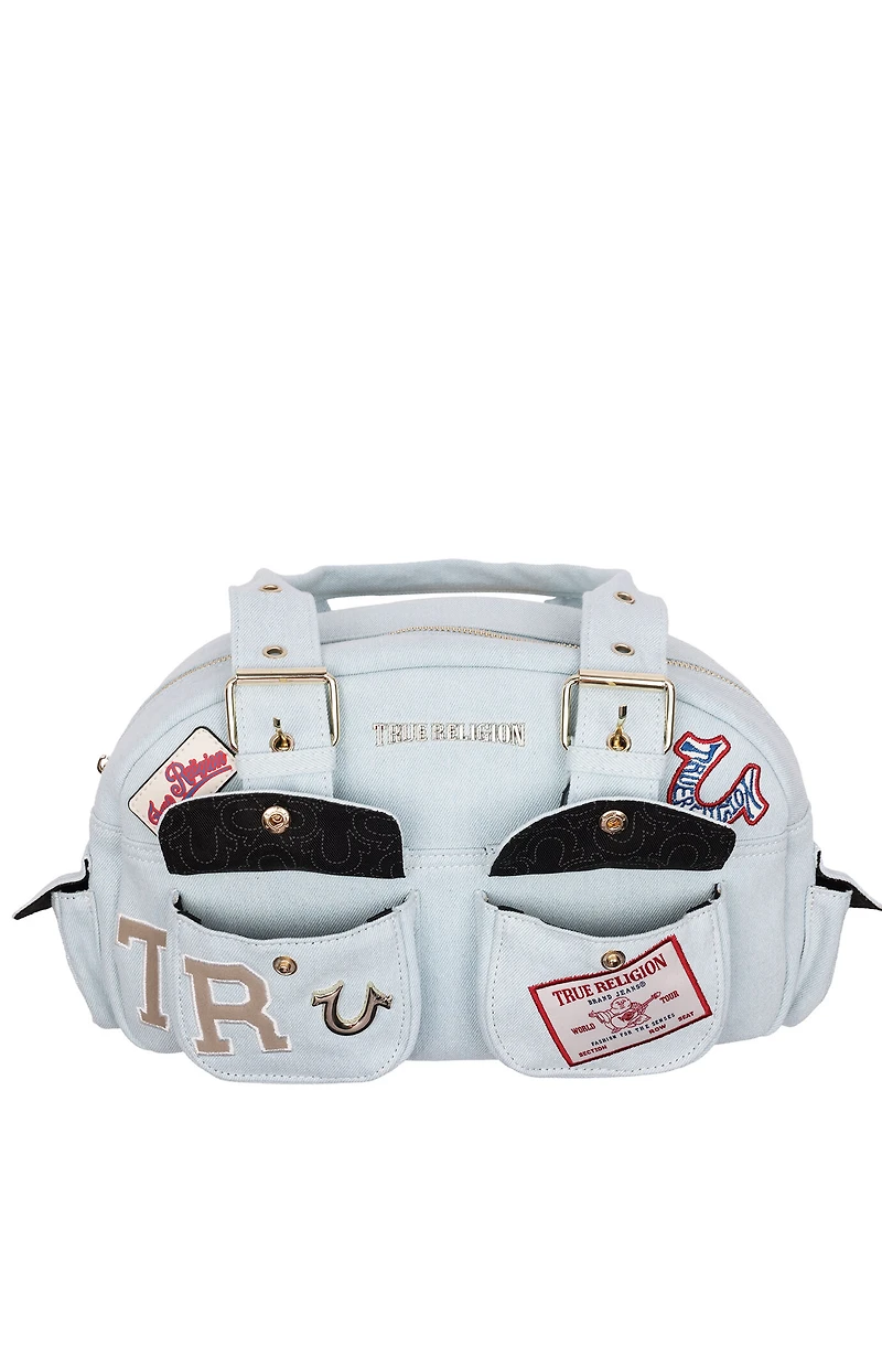 True Religion Light Blue Multi Patch Satchel Bag